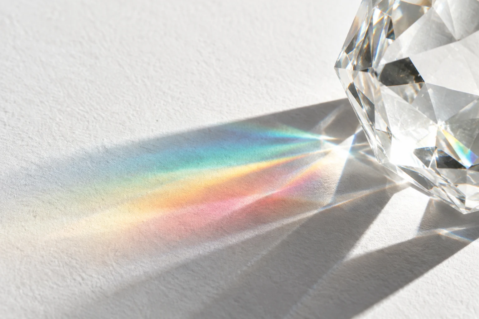 Light passes through crystal and reveals a colour spectrum on white paper